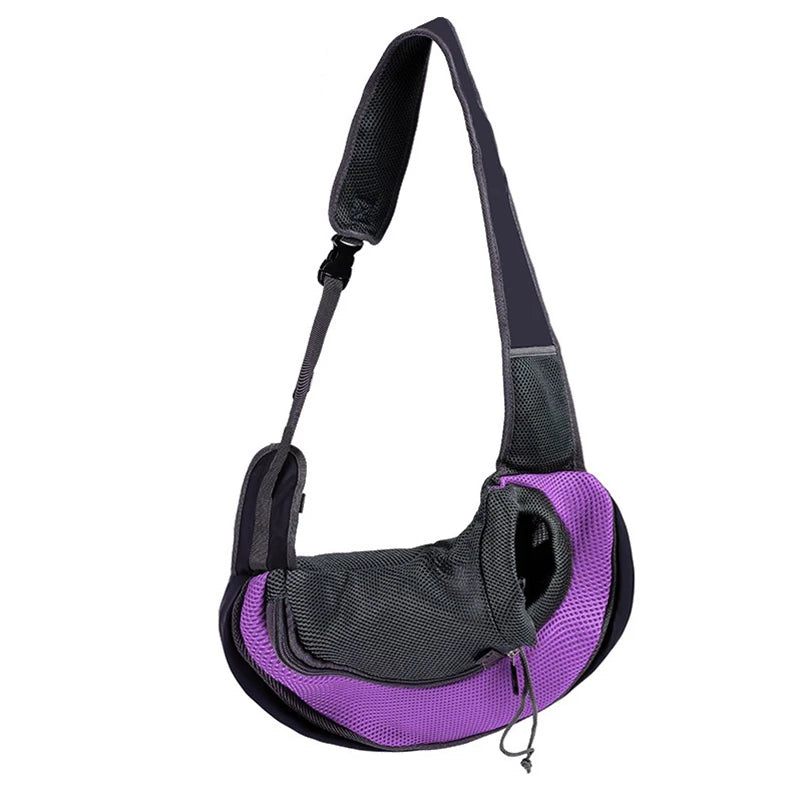 Light blue FanzyMarket nylon pet carrier sling for small dogs and cats, hands-free shoulder crossbody bag with breathable design.