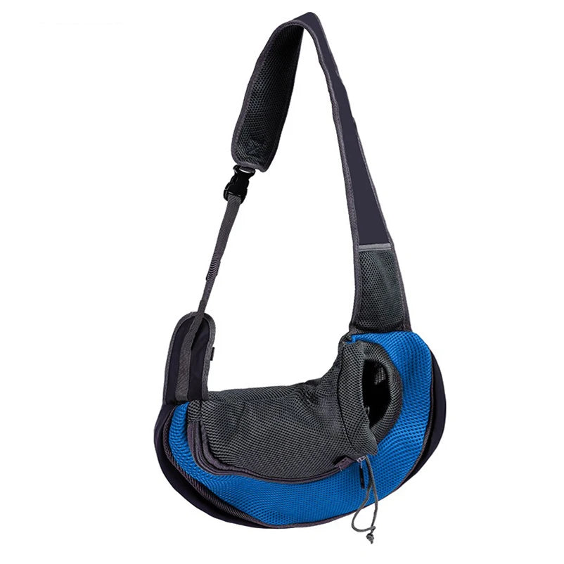 Light blue FanzyMarket portable nylon pet carrier sling for small dogs and cats, hands-free shoulder crossbody style.