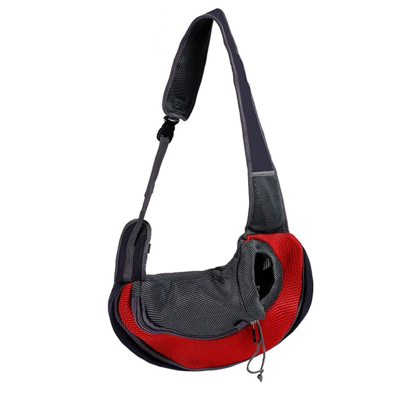 Light blue FanzyMarket nylon pet carrier sling for small dogs and cats, hands-free shoulder crossbody bag, compact and portable.