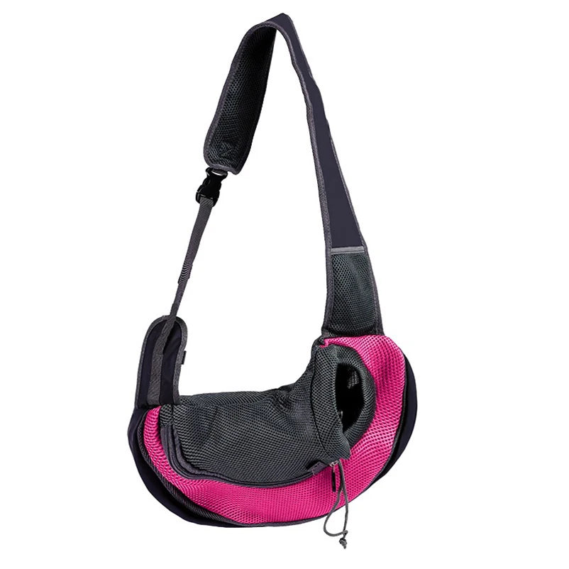 Light blue FanzyMarket nylon pet carrier sling for small dogs and cats, hands-free shoulder crossbody bag for pet transportation.