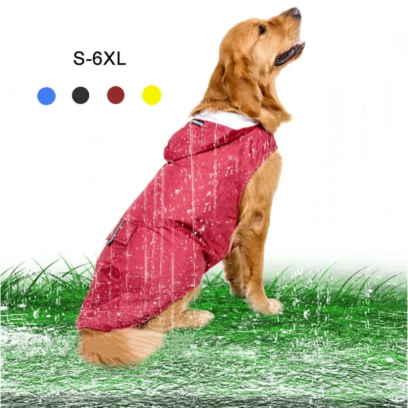 Red waterproof dog raincoat hoodie with reflective stripe, leash hole, and storage pocket in sizes S to 6XL by FanzyMarket.