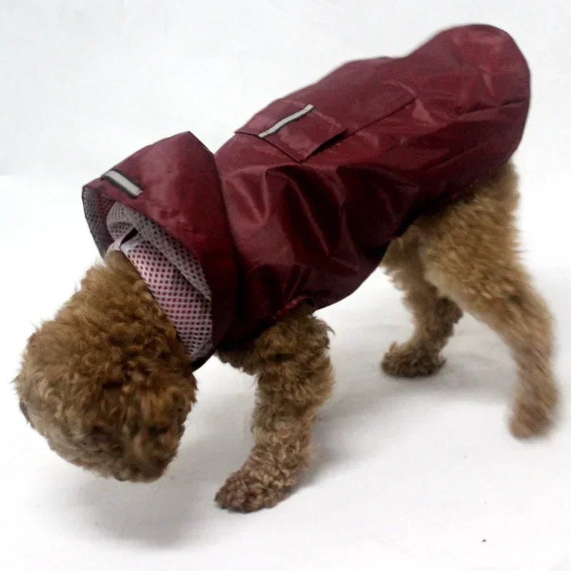 FanzyMarket waterproof dog raincoat hoodie with reflective stripe, leash hole, and storage pocket in red, sizes S to 6XL.