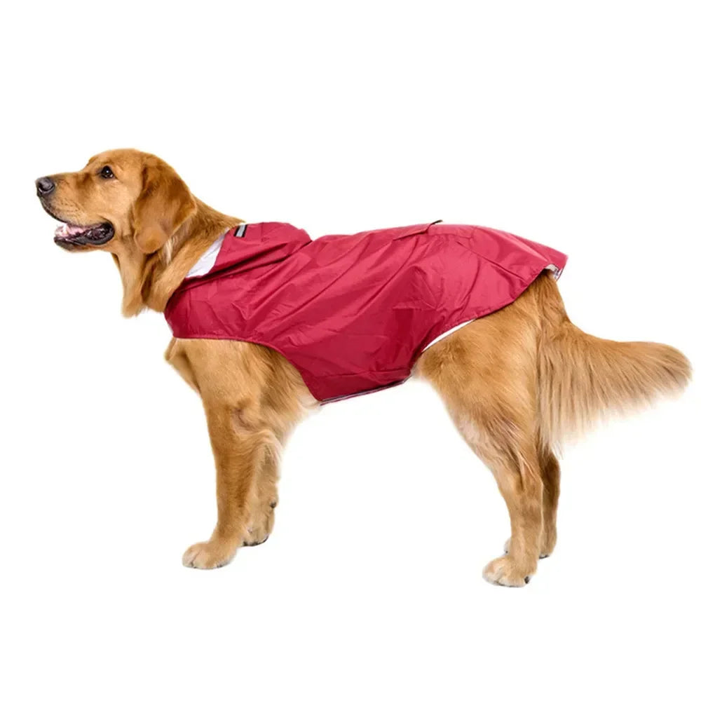 Red waterproof dog raincoat hoodie with reflective stripe, leash hole, and storage pocket in size S to 6XL by FanzyMarket.