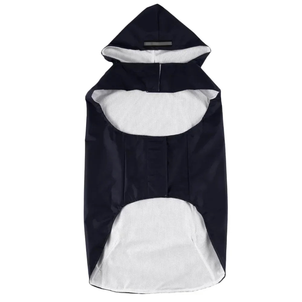 Red waterproof dog raincoat hoodie with reflective stripe, leash hole, and storage pocket in size S to 6XL by FanzyMarket.