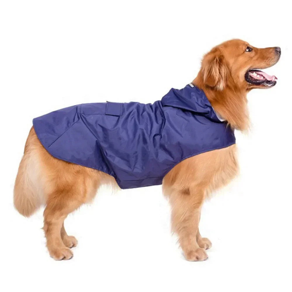 Red waterproof dog raincoat hoodie with reflective stripe, leash hole, and storage pocket in sizes S to 6XL by FanzyMarket.