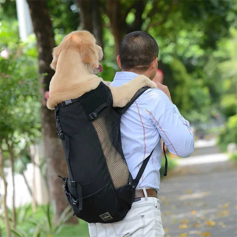 Red nylon dog carrier backpack for small and medium dogs, breathable cycling pet carrier, supports up to 30 kg (66 lb).