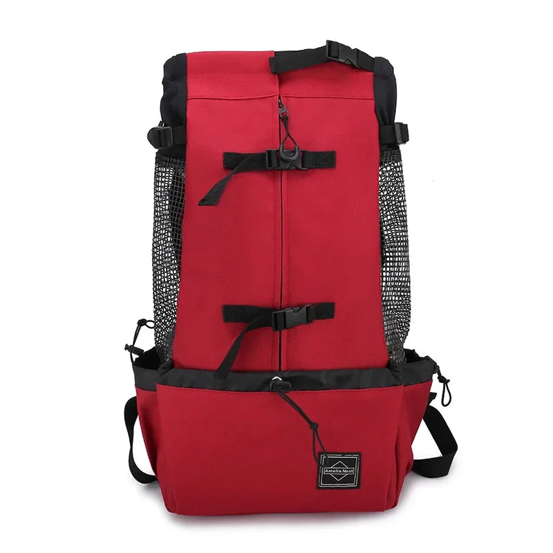 Red nylon dog carrier backpack for small to medium dogs, breathable cycling pet carrier up to 30 kg, FanzyMarket pet supplies.