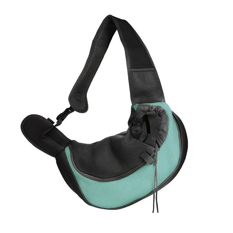 FanzyMarket pet sling carrier shoulder bag with mesh for small dogs and cats, crossbody travel carrier in lake blue.