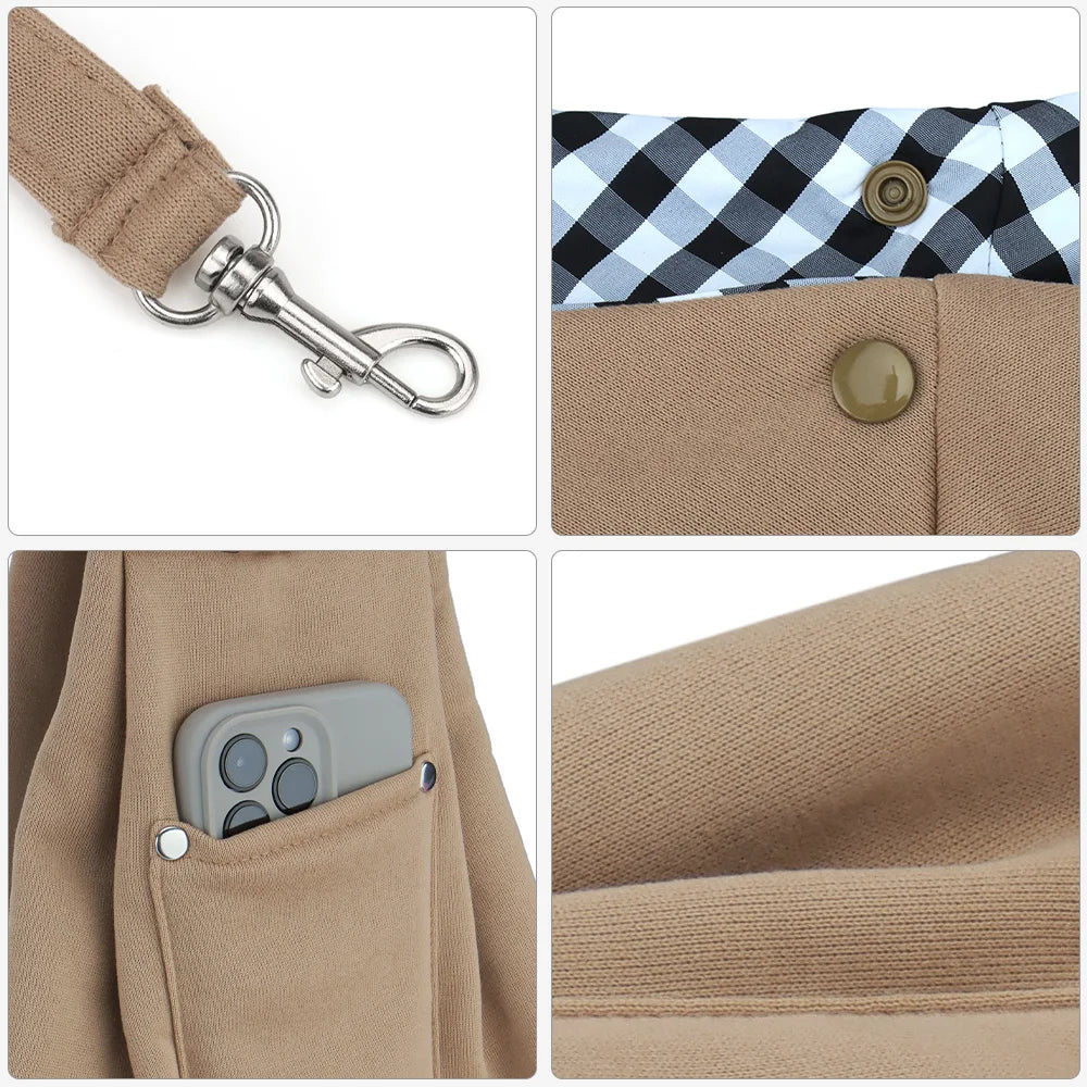 FanzyMarket portable pet shoulder carrier with phone pocket, ideal for small dogs and cats, in orange and brown for travel comfort.