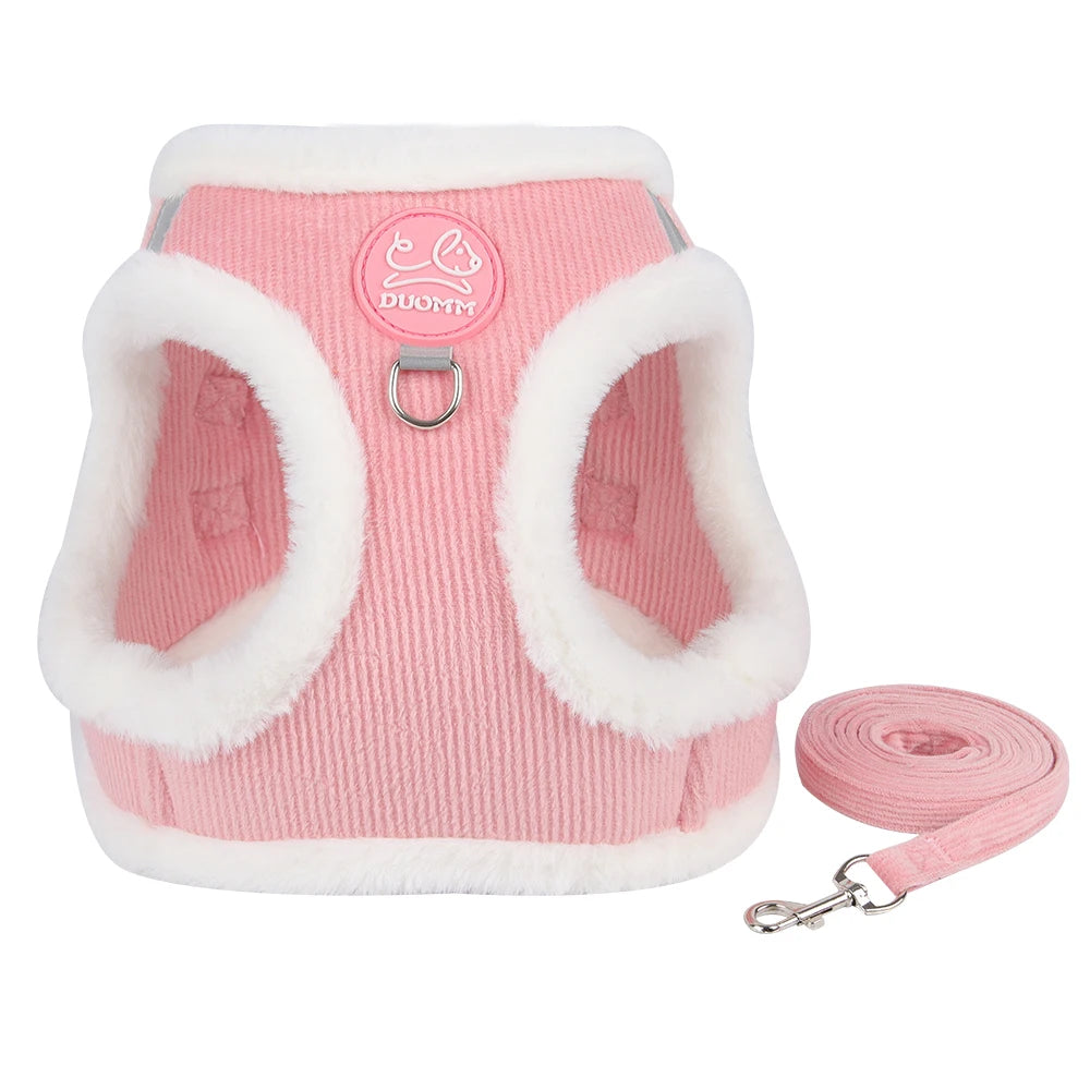 FanzyMarket fur-lined winter dog harness and leash set for small dogs like Chihuahua and Yorkie, orange plush warm pet harness.
