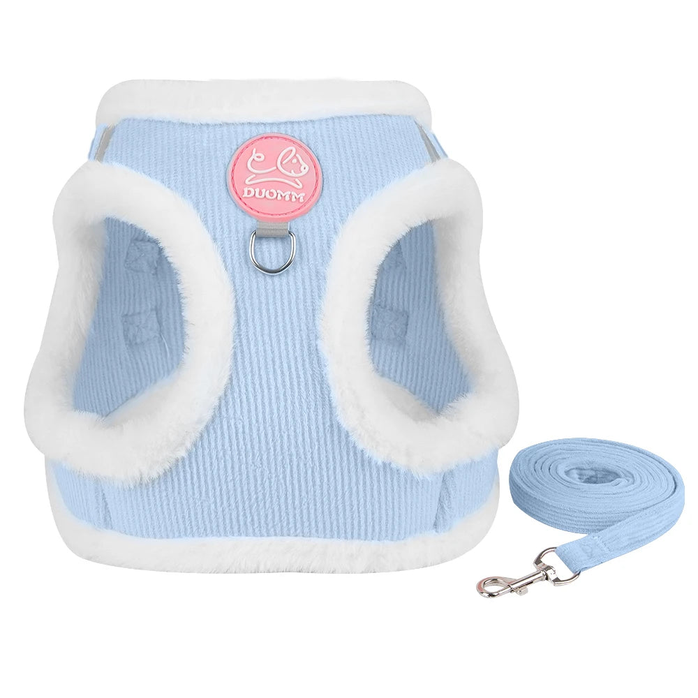 FanzyMarket fur-lined winter dog harness and leash set in orange for small breeds like Chihuahua and Yorkie, plush and warm for cold weather.