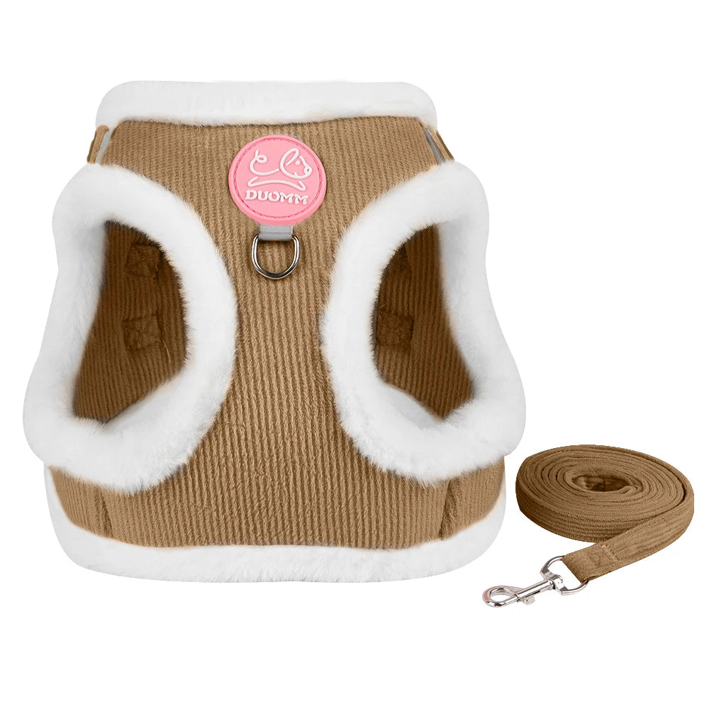 FanzyMarket fur-lined winter dog harness and leash set in orange for small breeds like Chihuahua and Yorkie, plush and warm for cold weather.