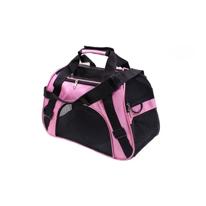 FanzyMarket portable mesh pet carrier bag for small cats and dogs, foldable and breathable travel handbag in pink.