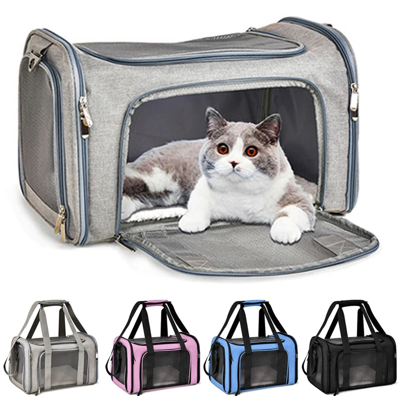 Pink FanzyMarket portable soft-sided pet carrier backpack for dogs and cats, airline approved, foldable nylon design, XL size.