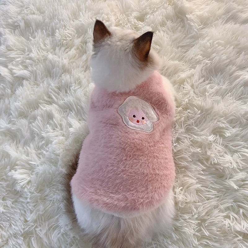 Pink warm pet sweater vest for cats and small dogs, FanzyMarket winter pet apparel, cozy and stylish kitten clothes.