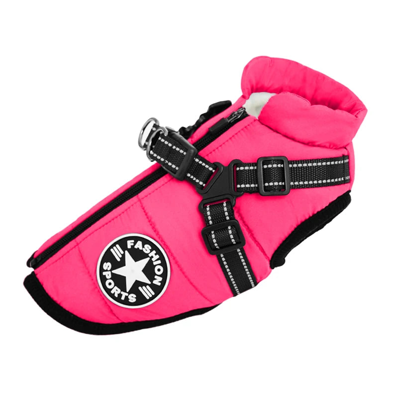 FanzyMarket waterproof winter dog jacket with built-in harness, fleece lining, and reflective details for small to large breeds.
