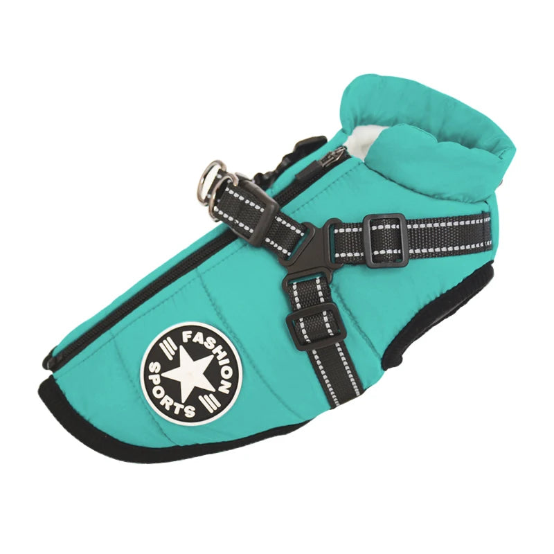 FanzyMarket waterproof winter dog jacket with built-in harness, fleece lining, and reflective features for small to large breeds.