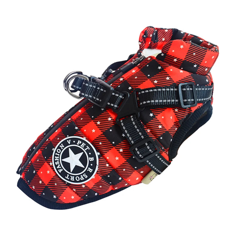 FanzyMarket waterproof winter dog jacket with built-in harness, fleece lining, and reflective details for small to large breeds.