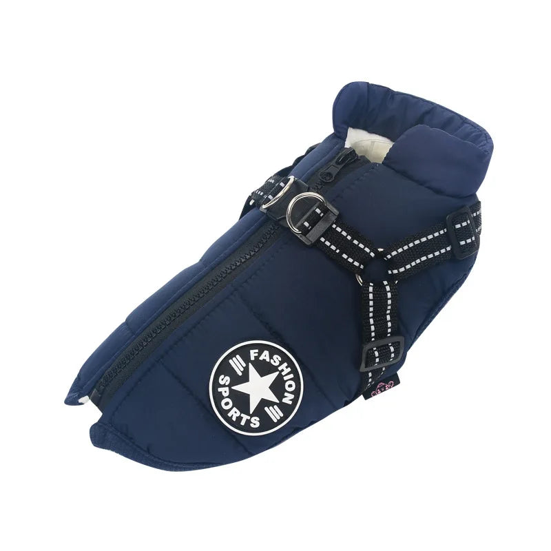 FanzyMarket waterproof winter dog jacket with built-in harness, fleece lining, and reflective features for small to large breeds.
