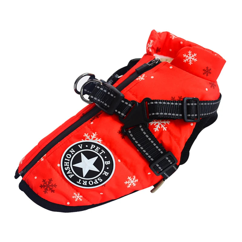 FanzyMarket waterproof winter dog jacket with built-in harness, fleece lining, and reflective strips on a small to large breed dog.