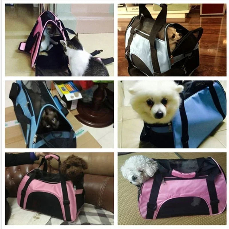 FanzyMarket portable mesh pet carrier bag for small dogs and cats, breathable foldable travel handbag in purple.