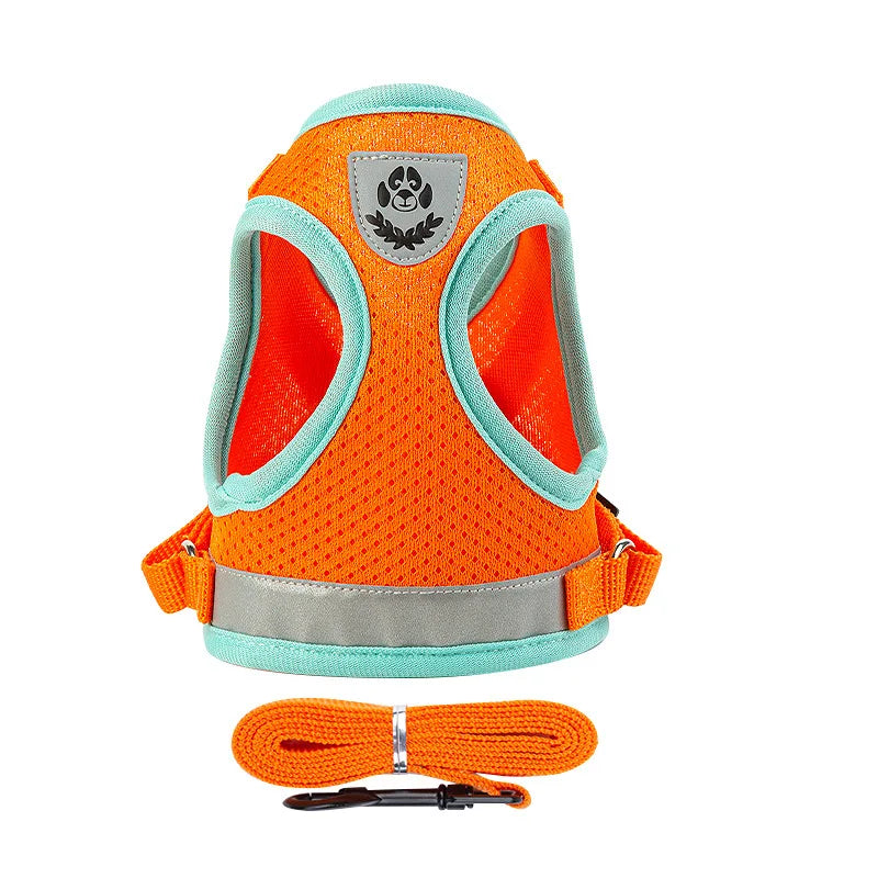 FanzyMarket reflective adjustable dog and cat harness vest set with breathable mesh and 1.5m leash, available in purple, size XS-L.