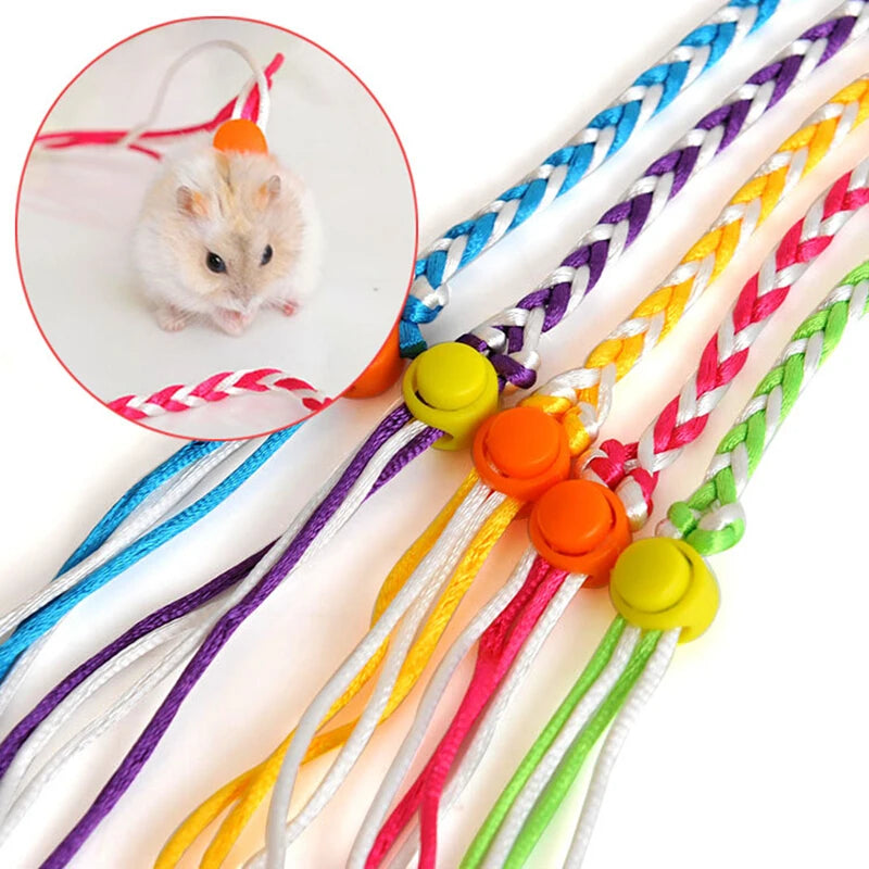 Adjustable nylon hamster harness leash in 1.4m and 2.0m lengths for rats, mice, and gerbils, designed for pet safety and comfort.