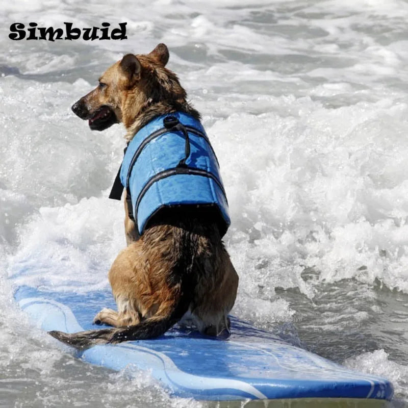 Reflective adjustable dog life jacket by FanzyMarket for large dogs, with enhanced buoyancy for swimming, surfing, and boating.