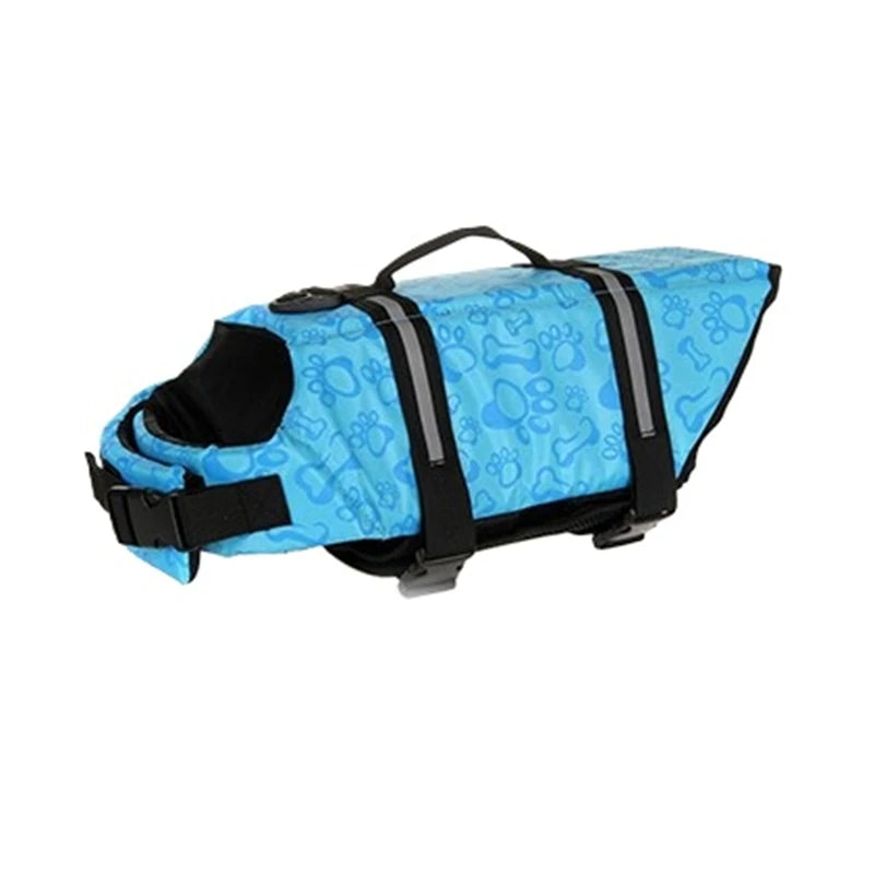 FanzyMarket reflective adjustable dog life jacket for large dogs, red with bone pattern, enhanced buoyancy for swimming, surfing, and boating.