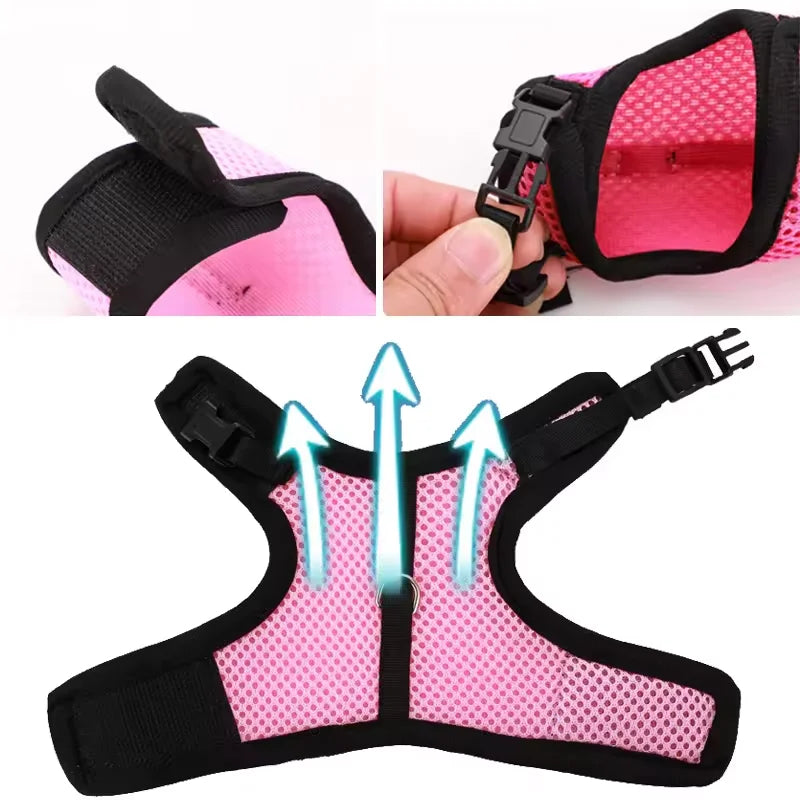 Red breathable mesh pet harness with adjustable soft straps and elastic leash, suitable for rabbits, cats, and small pets.