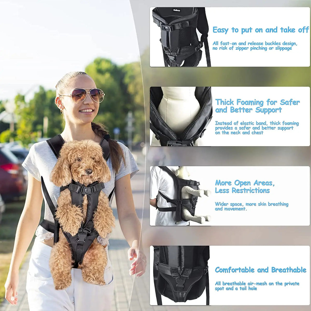 FanzyMarket breathable pet carrier backpack for small dogs and cats, hands-free design with front and back visibility.