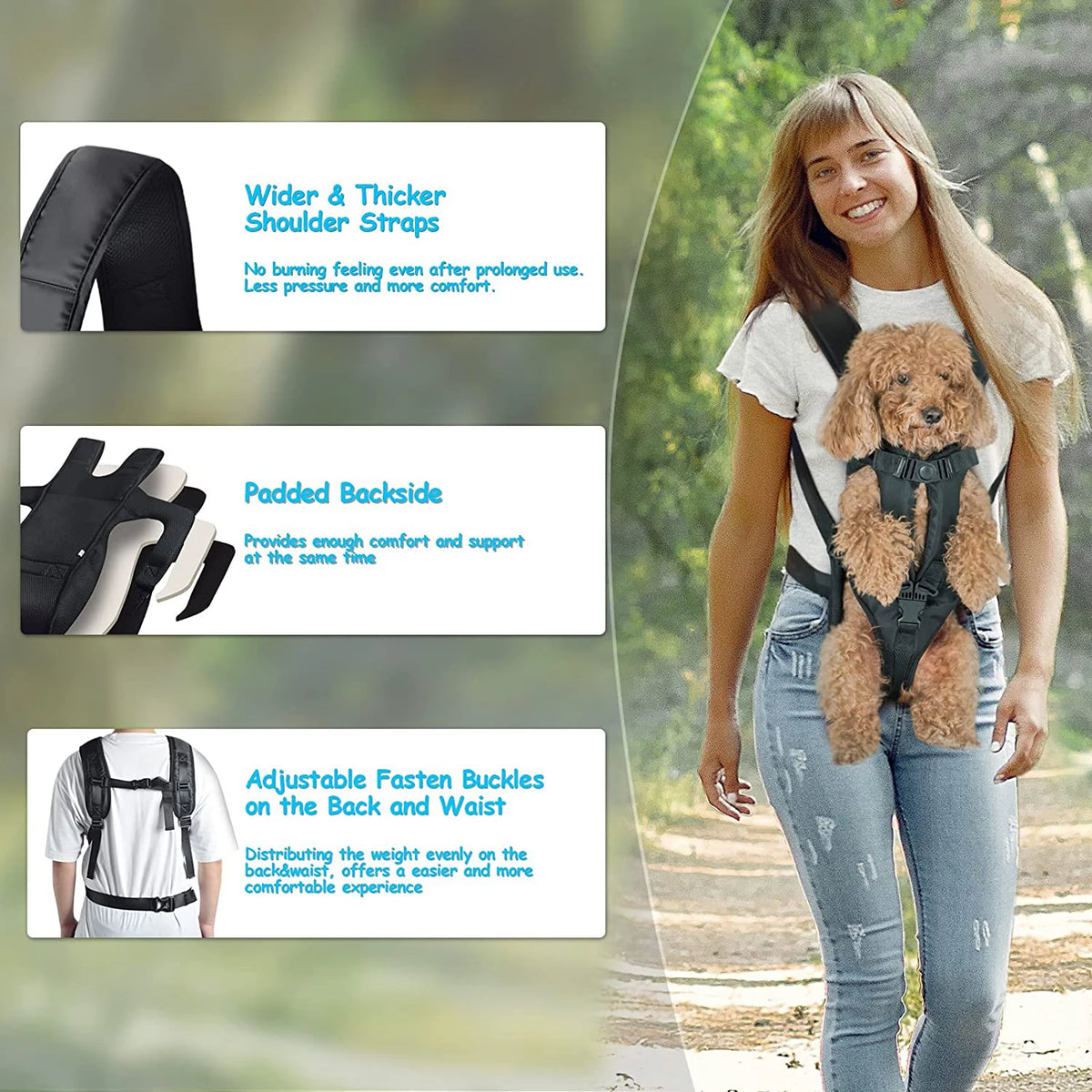 FanzyMarket breathable pet carrier backpack for small dogs and cats, front and back view, hands-free design, suitable for pets under 30 lbs.