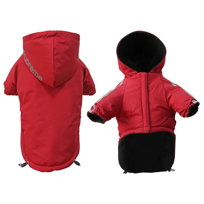 Red waterproof hooded dog coat with reflective trim, cotton lining, suitable for small dogs and cats in winter.