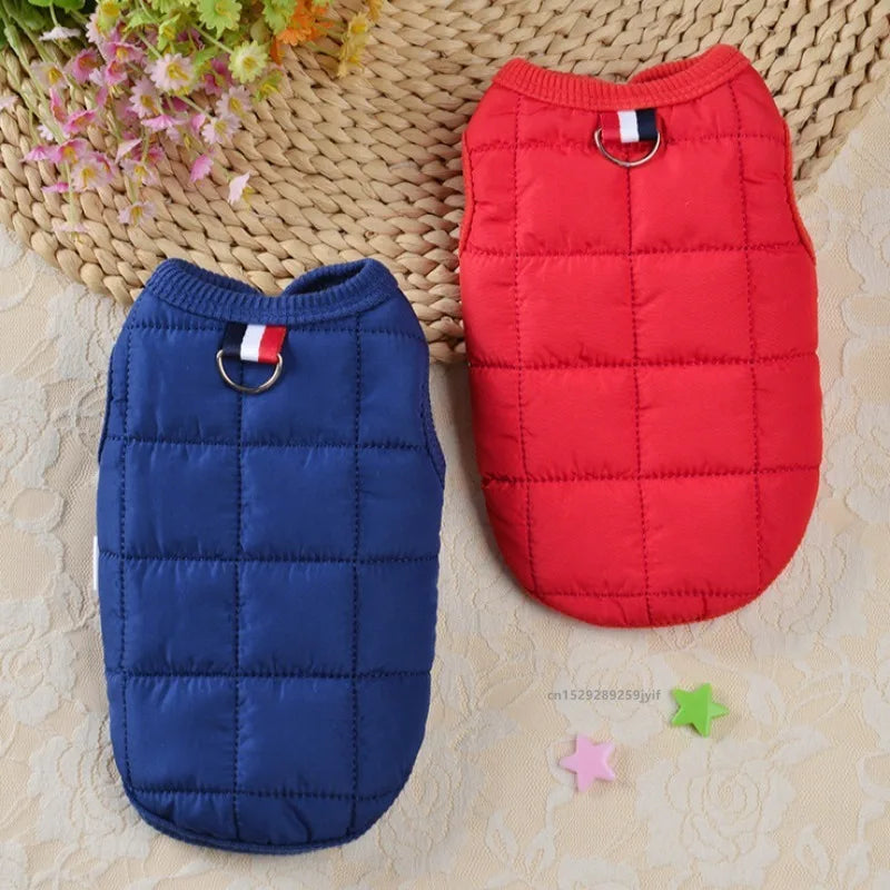 Red winter padded windproof dog coat for small dogs, Chihuahua and puppy, from FanzyMarket, with a cozy, warm design.