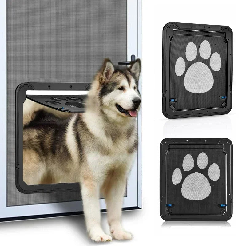 FanzyMarket lockable magnetic pet door flap for cats and dogs, in L and XL sizes, with screen window and easy installation.