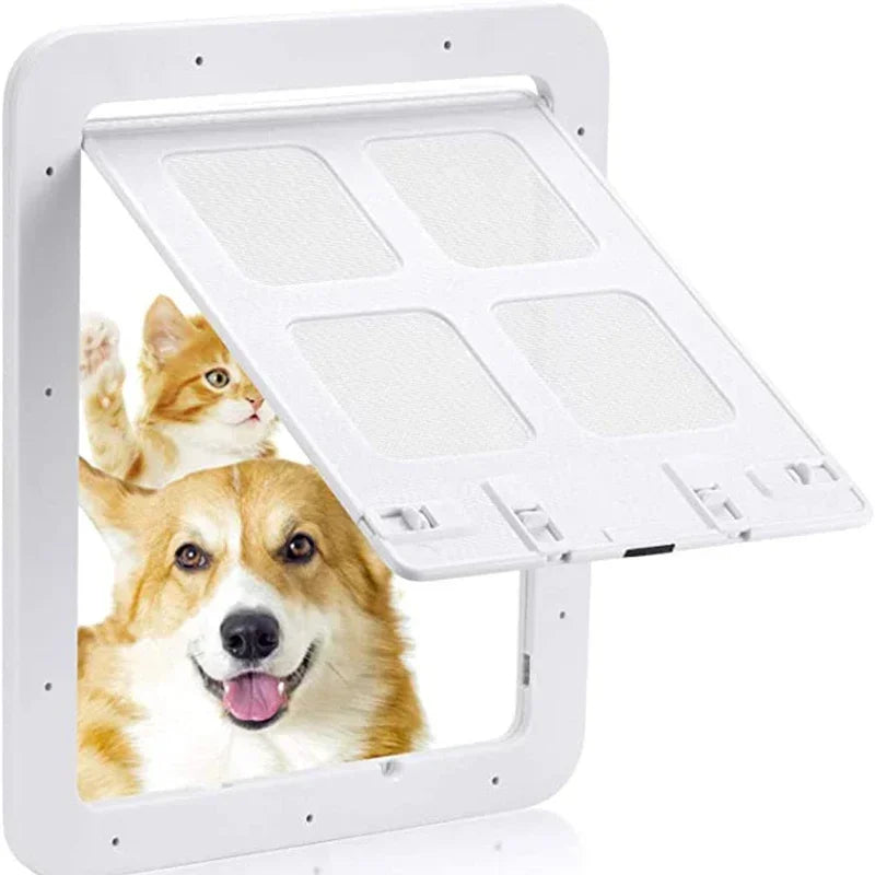 FanzyMarket lockable magnetic pet door flap for cats and dogs, screen window and gate, available in L and XL sizes.