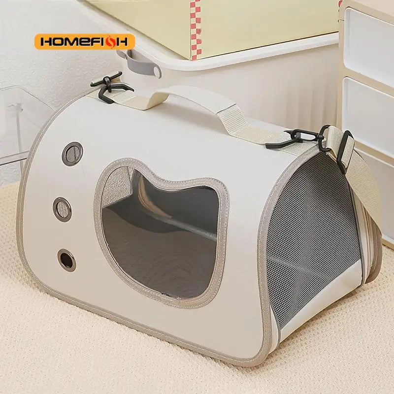 Foldable breathable pet carrier shoulder bag for small dogs and cats, FanzyMarket, in white with mesh sides for comfort.