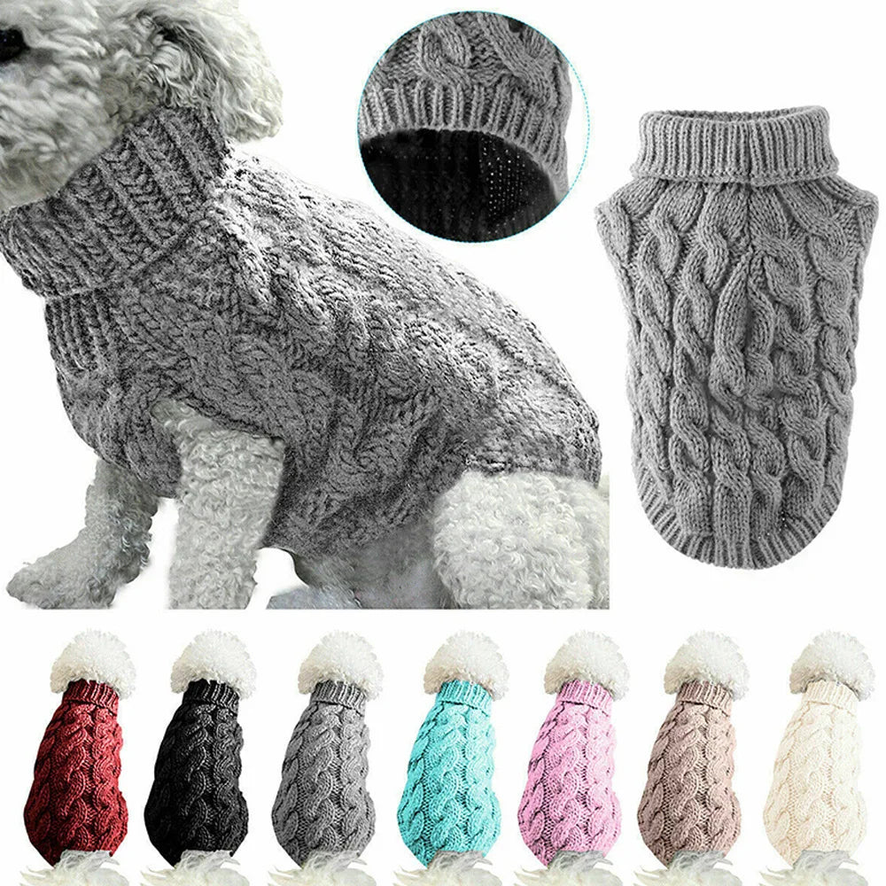 White knitted cable dog sweater by FanzyMarket, warm autumn/winter pullover for small dogs, cozy pet apparel.