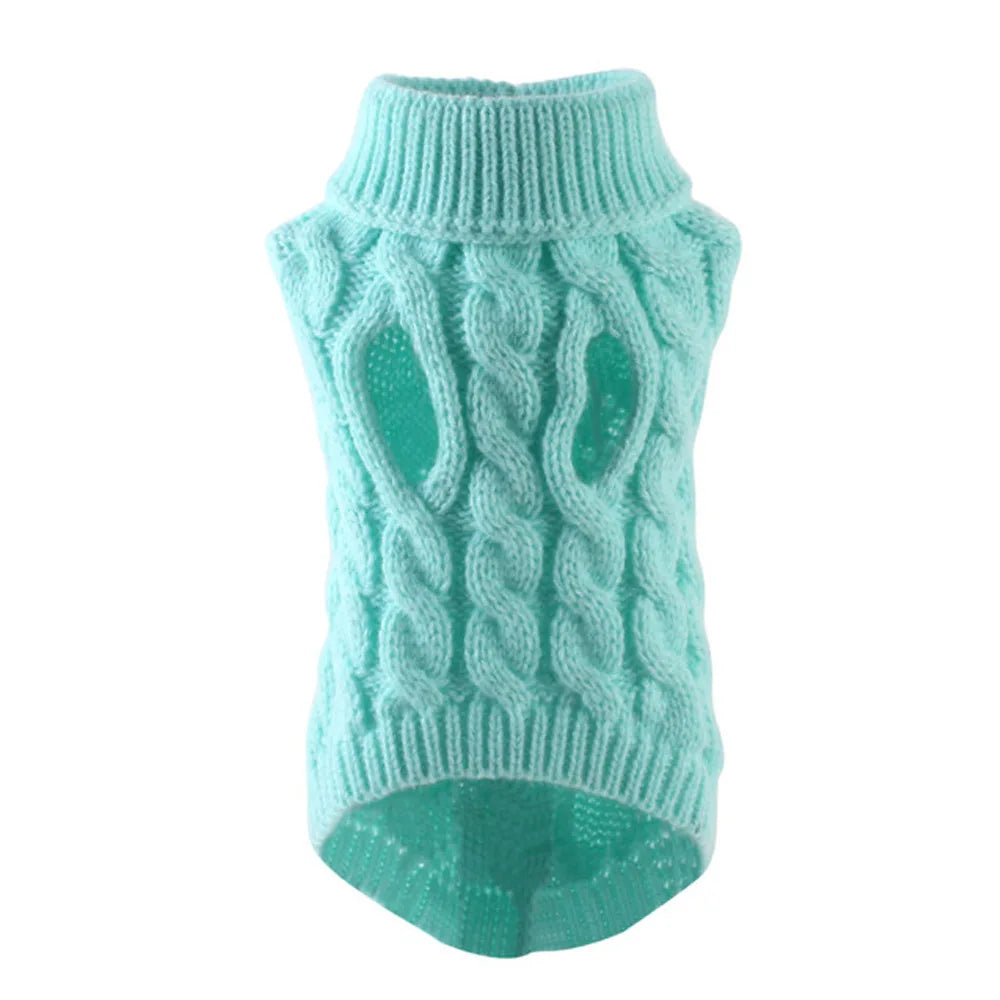 FanzyMarket knitted cable dog sweater in white, warm autumn/winter pullover for small dogs, cozy pet apparel.