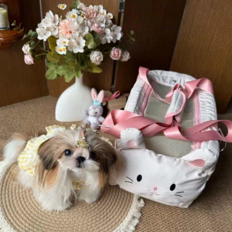 FanzyMarket dog and cat car booster seat with safety tether, armrest travel carrier, fits pets up to 5 kg, white color.
