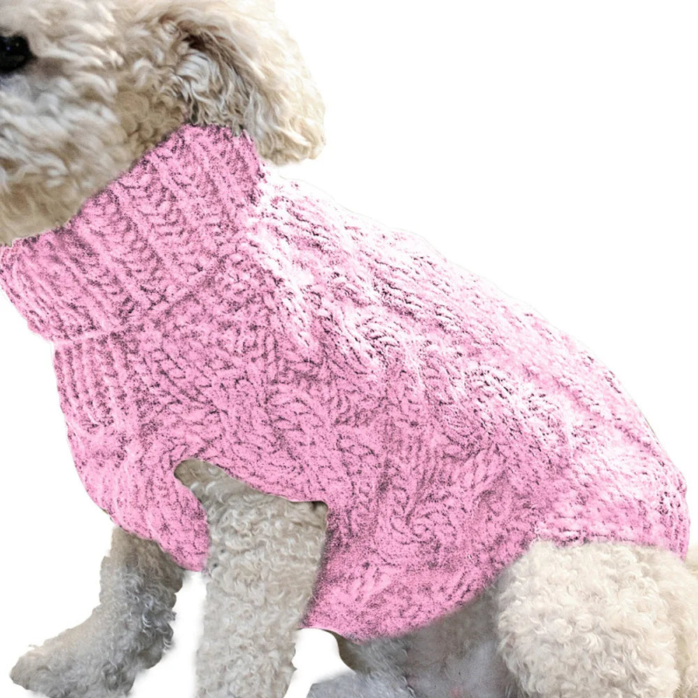 Small dog wearing FanzyMarket red knit sweater with cable twist design, perfect for warm autumn and winter pet fashion.