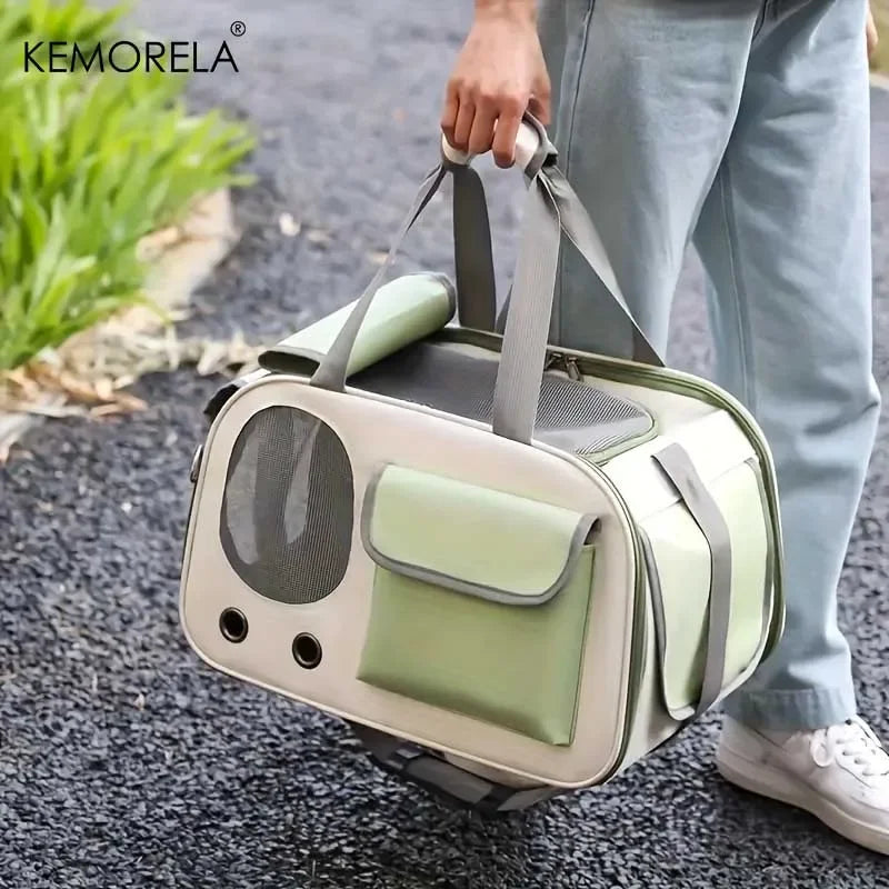 FanzyMarket soft-sided nylon pet carrier for cats and small dogs, with mesh panels for outdoor travel and car trips.