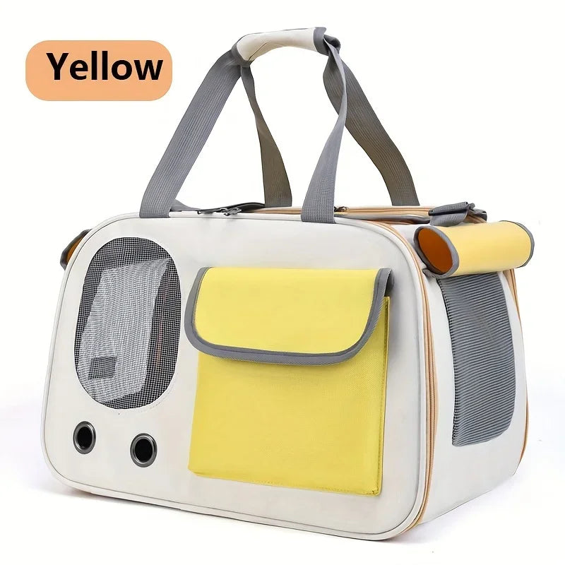 Yellow soft-sided nylon pet carrier for cats and small dogs with mesh sides, suitable for travel and outdoor use by FanzyMarket.