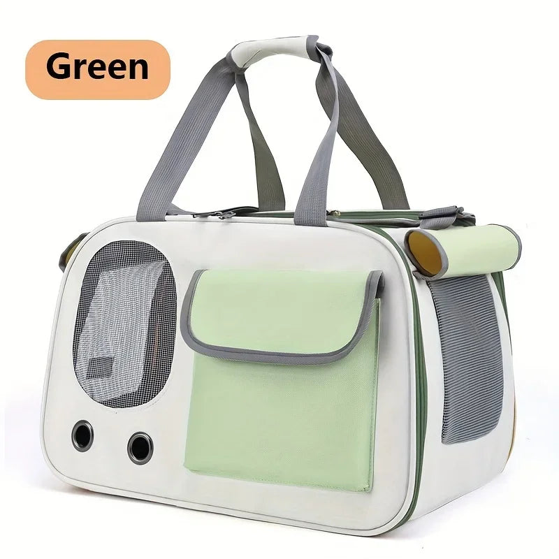 Yellow portable soft-sided nylon pet carrier for cats and small dogs with mesh sides, suitable for outdoor travel and car trips.