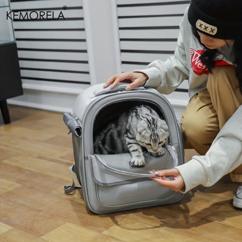 Transparent bubble pet backpack carrier for cats and small dogs by FanzyMarket, showing breathable outdoor capsule design with yellow accents.