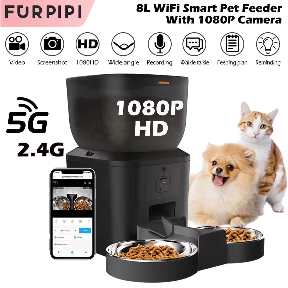 FanzyMarket Smart 4L automatic pet feeder with 1080P camera, night vision, app control, and voice recorder for cats and dogs.