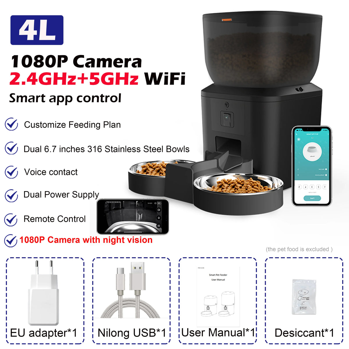 FanzyMarket smart 4L automatic pet feeder with 1080P camera, night vision, app control, voice recorder, for cats and dogs.