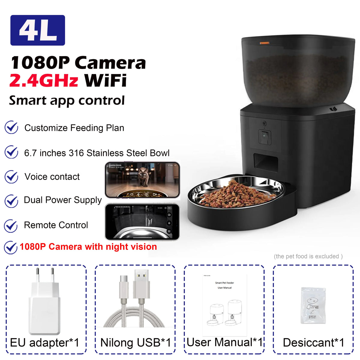 FanzyMarket 4L automatic pet feeder with 1080p camera, night vision, app control, voice recorder, for cats and dogs.