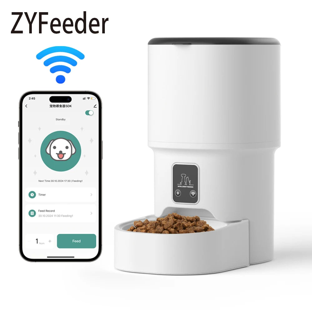 FanzyMarket smart automatic 4L WiFi pet feeder with LCD screen, suitable for cats and dogs, featuring button and digital food dispensing