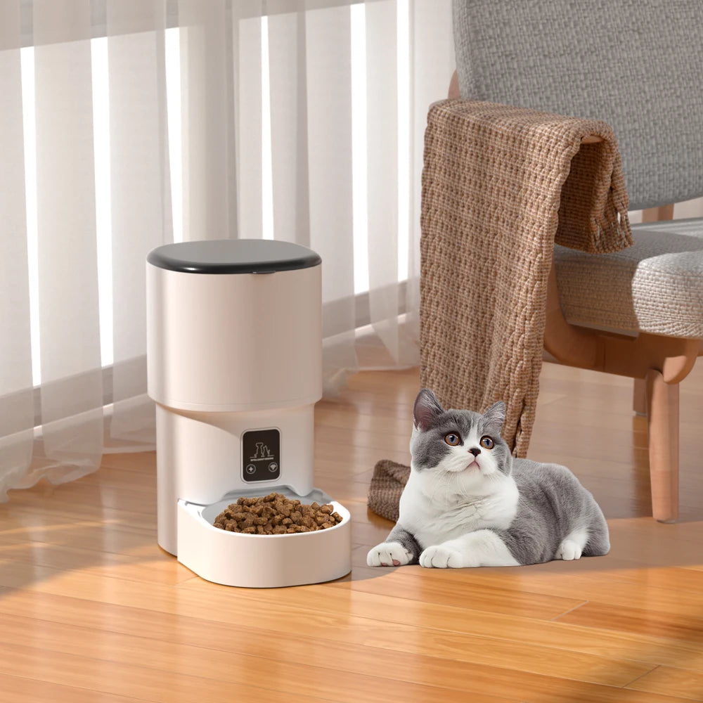 FanzyMarket smart automatic pet feeder for cats and dogs, 4L capacity with WiFi, LCD display, and button control for feeding.